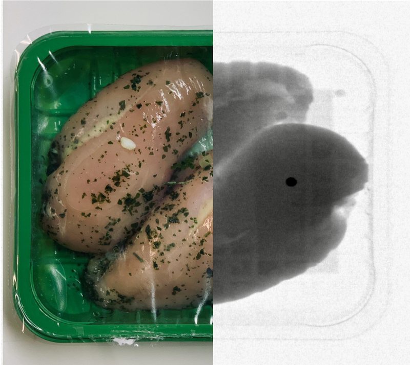 Packed chicken breasts in a tray, shown half as a photo and half as the X-ray image of the same pack, with a small dense object visible as a dark spot.