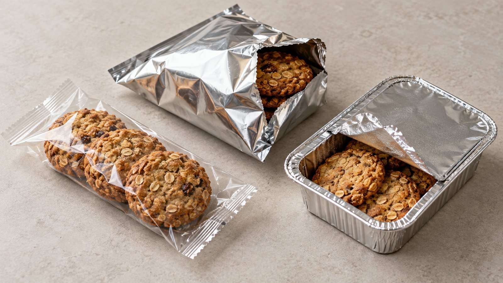 Illustration of cookies in clear flexible film, a silver flexible pouch and a rigid aluminium tray with a partly opened lid.